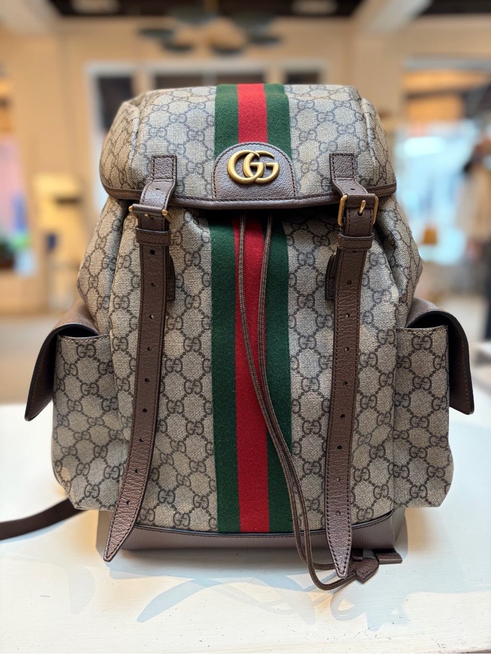 Gucci Beige GG Supreme Canvas Backpack with Green-Red Web Stripe